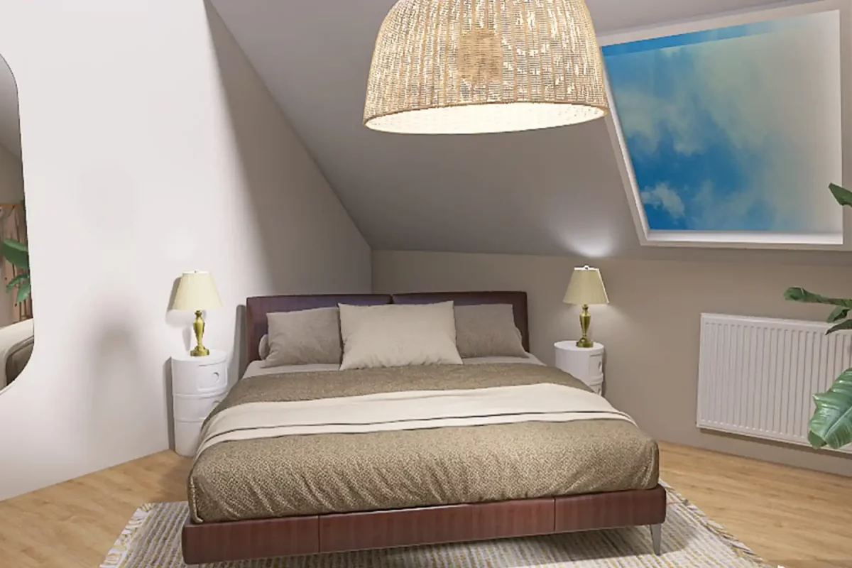 Schlafzimmer Nachher Blick aufs Bett Rendering